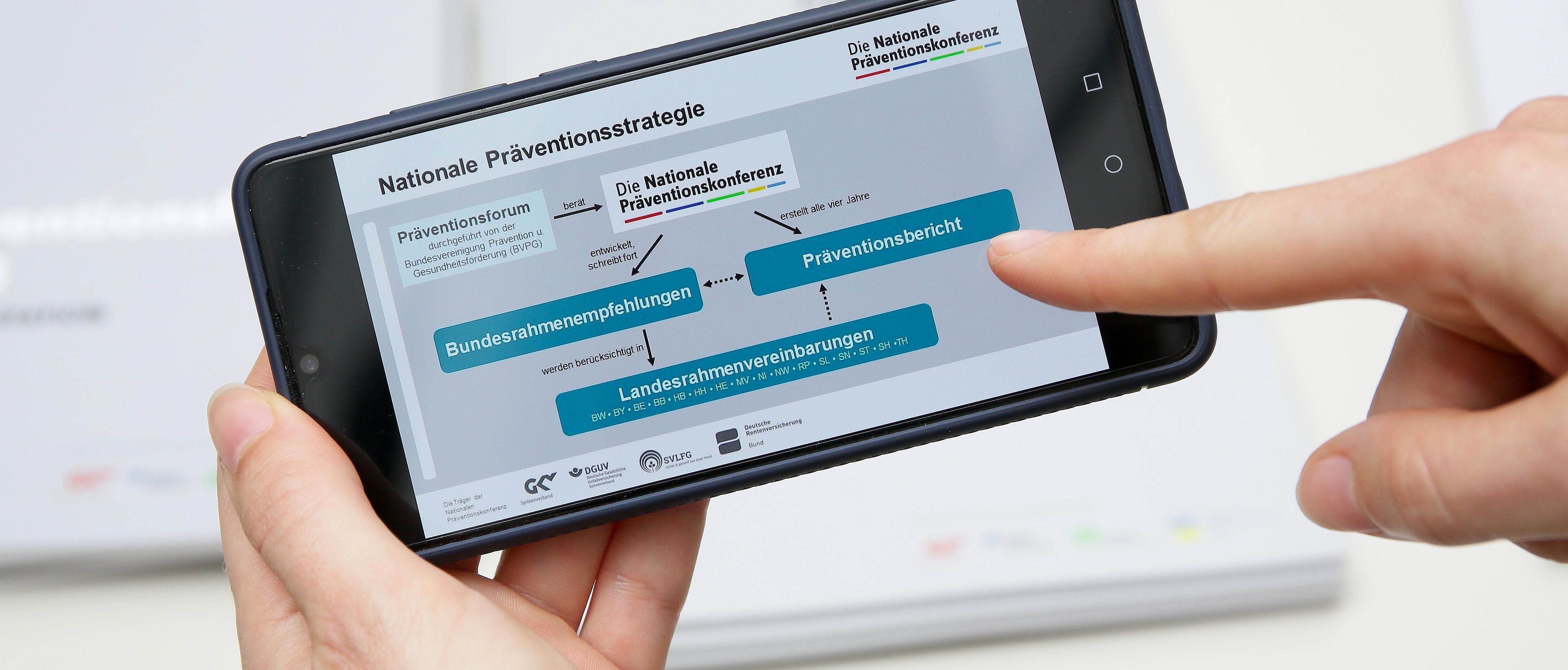 Zeigen mit dem Finger auf Grafik Präventionsstrategie im Display eines Smartphones Zeigen mit dem Finger auf Grafik Präventionsstrategie im Display eines Smartphones